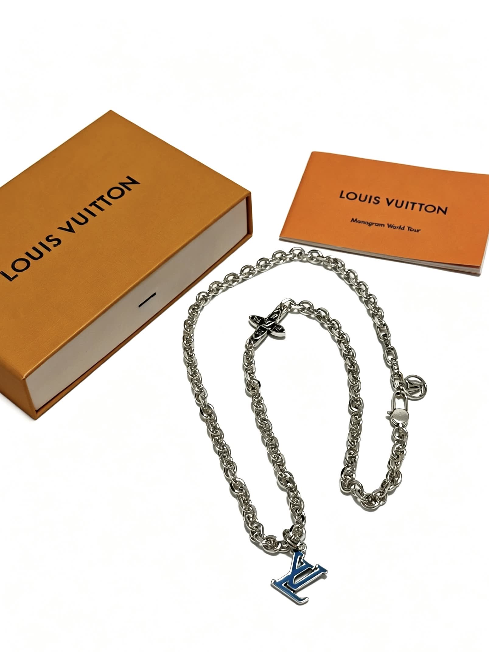 Louis Vuitton Silver Chain Necklace with LV Logo
